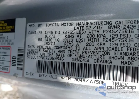 2007 Toyota Tacoma Base V6 from USA, damaged, VIN 5TEUU42N67Z389646
